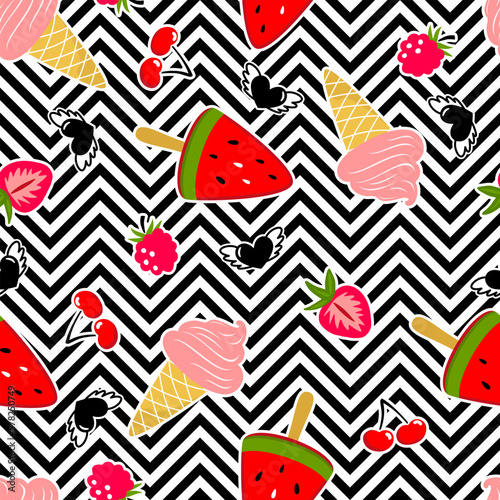 Summer ice cream pattern with berries and heart. Vector seamless background with strawberry, cherry, ice cream cone and hearts