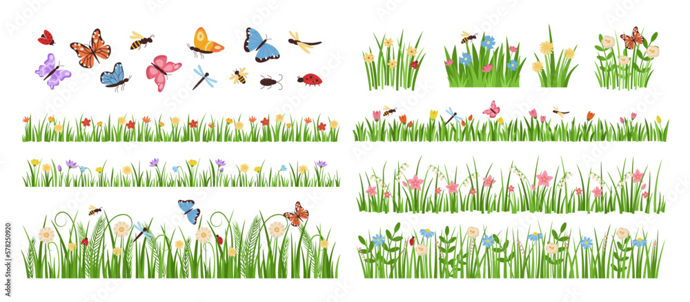 Early spring garden flowers. Forest and garden blooming plants with insects and green grass cartoon vector set - obrazy, fototapety, plakaty 