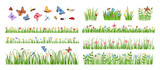 Early spring garden flowers. Forest and garden blooming plants with insects and green grass cartoon vector set