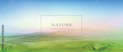 Green fields panoramic view, hills and mountains in the horison. Spring landscape, fresh green grass. Watercolor textured vector background. 