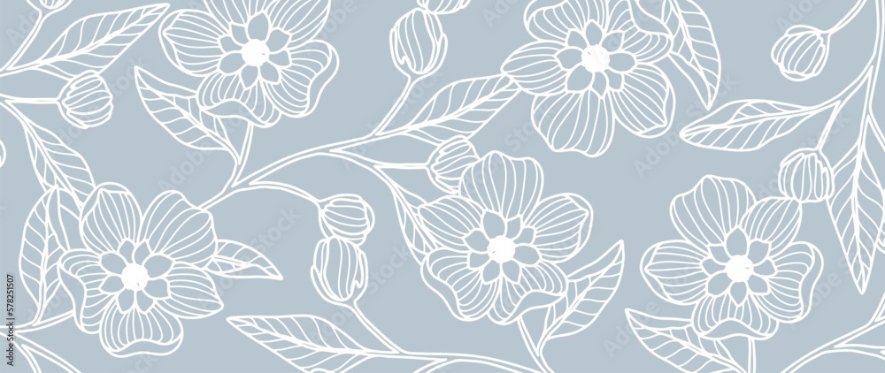 Blue vector floral illustration with flowers, branches, leaves and buds for covers, backgrounds, decor, wallpapers Blue vector floral illustration with flowers, branches, leaves and buds for covers, backgrounds, decor, wallpapers