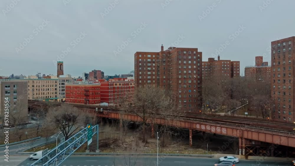 Swooping shot over highways and buildings in New York City residential, day, 4K drone Swooping shot over highways and buildings in New York City residential, day, 4K drone