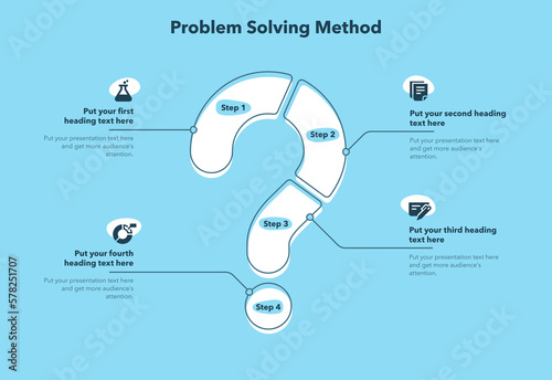Problem solving method template with four steps and question mark as a main symbol - blue version. Slide for business presentation.