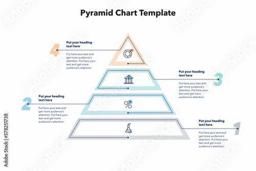 Pyramid chart template with four colorful steps. Creative diagram divided into five steps with minimalistic icons.