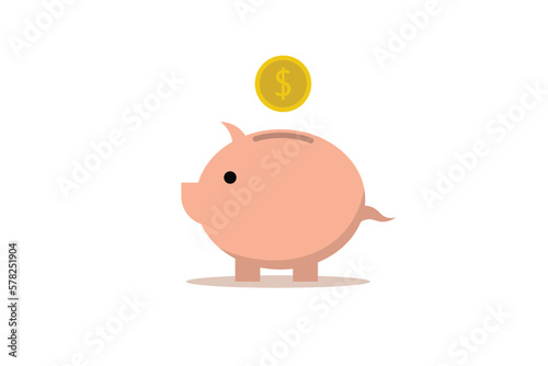 Piggy bank with falling gold coins on white background.
