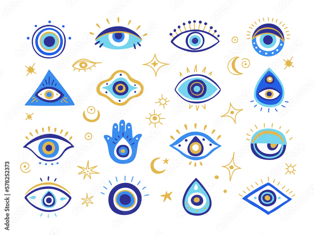 Evil eye symbols. Mystic Greek and Turkish eyes of evil malevolent
