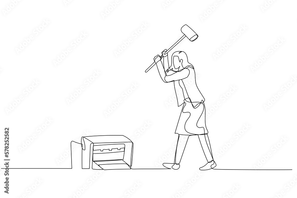 Illustration of businesswoman holding sledge hammer ready to smash printer. Concept of angry. Single continuous line art style