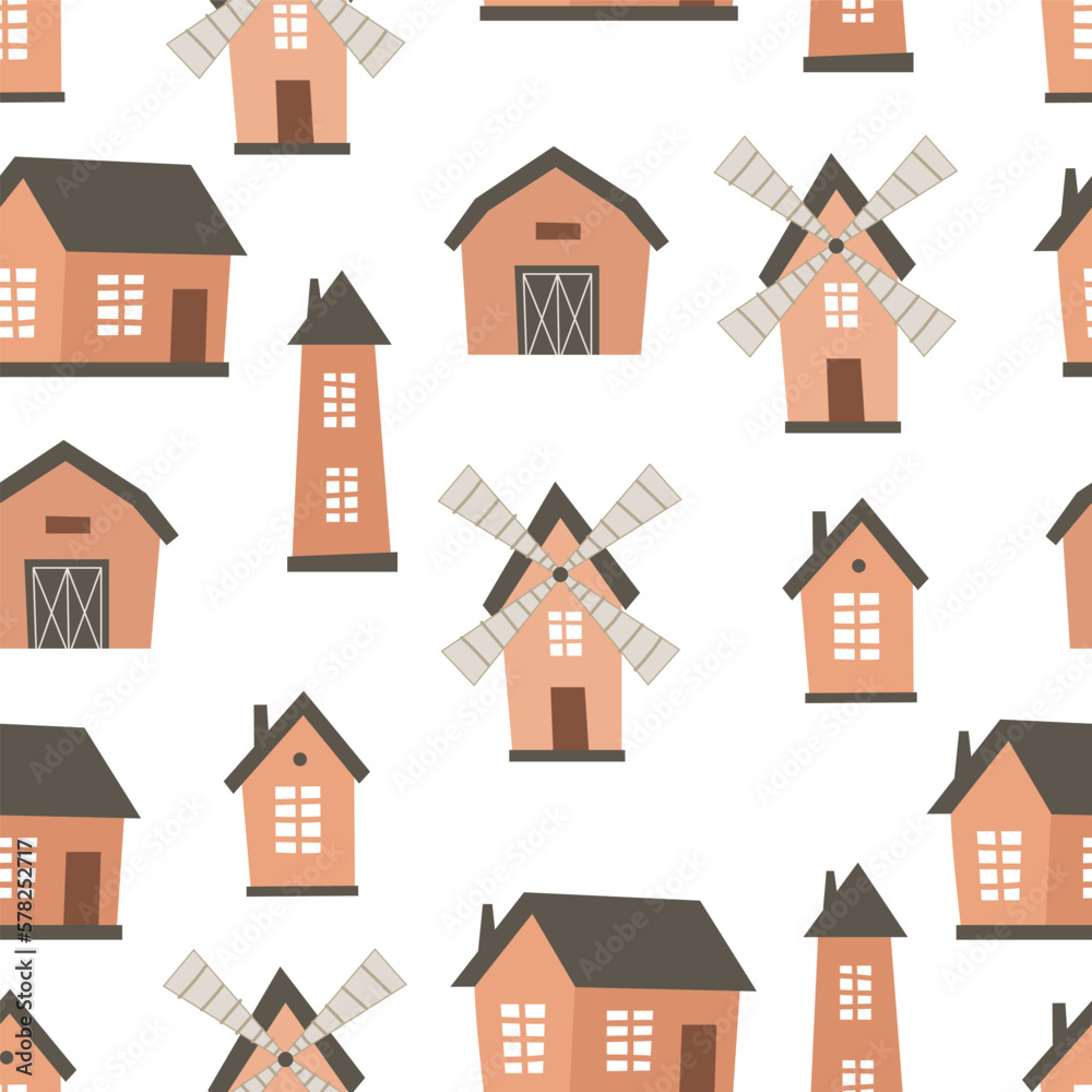 Seamless pattern with cartoon barn, mill, house. Farm. Flat colorful vector for kids. hand drawing. animals. baby design for fabric, textile, wrapper, print.