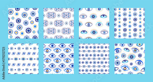 Evil eye pattern. Magic amulet, mystic malevolent glare and spiritual eyes seamless vector background illustration set