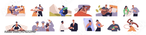 Happy life moments set. People enjoying pleasures, happiness, positive emotions from friends, travel, food, love, pets, money, hobby, family. Flat vector illustrations isolated on white background