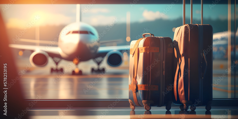 Two suitcases in the airport departure lounge, airplane in the blurred background, summer vacation concept, traveler suitcases in airport terminal waiting area. Travel concept. Generative AI