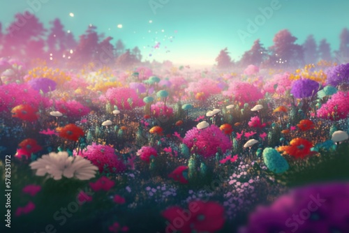 Fantasy beautiful flowers background. Generative AI illustration