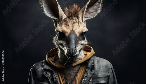 Punk animals. Kangaroo with punk aesthetic. Kangaroo dressed as punk. Kangaroo with punk accessories. Generated by AI. 