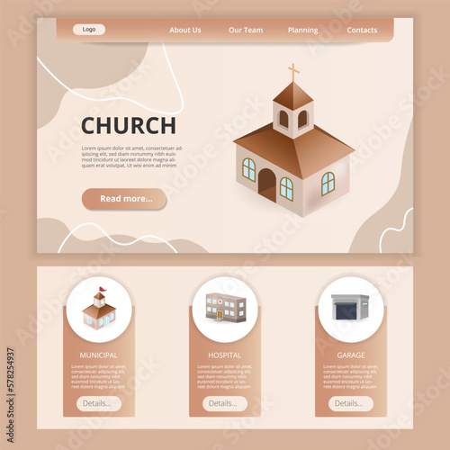 Church flat landing page website template. Municipal, hospital, garage. Web banner with header, content and footer. Vector illustration.
