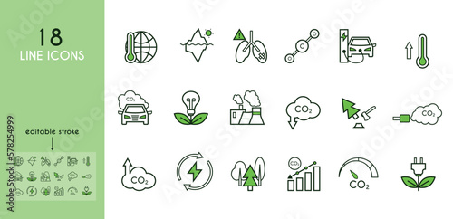 Set of flat line icons about the dangers of carbon dioxide (CO2). Symbol of climate change, deforestation, air pollution, lung disease, melting glaciers, carbon dioxide levels.Green color.Outline sign