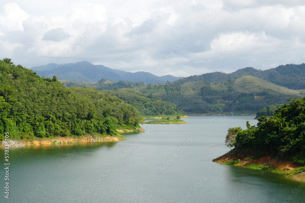 Landscape nature Bang Lang Dam at Tok Ku Chae Bridge is green nature reservoir and mouton hill background - unseen at betong yala Thailand - famous park and travel in betong Landscape nature Bang Lang Dam at Tok Ku Chae Bridge is green nature reservoir and mouton hill background - unseen at betong yala Thailand - famous park and travel in betong