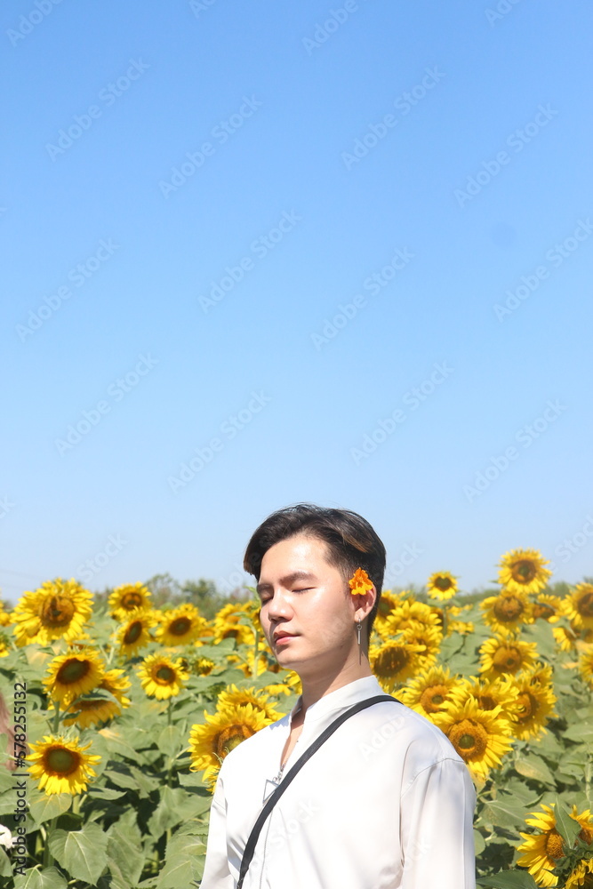 Asian young man Visit the sunflower fields in the summer and in bright sunshine.