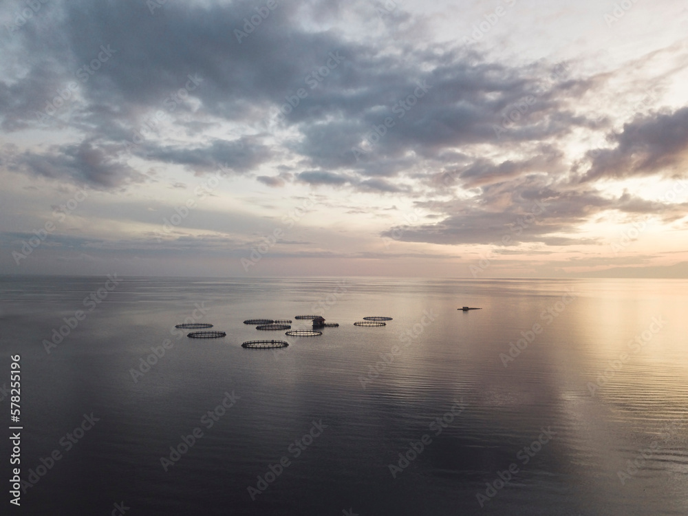 Aerial view of fishing farm enclosures Aerial view of fishing farm enclosures