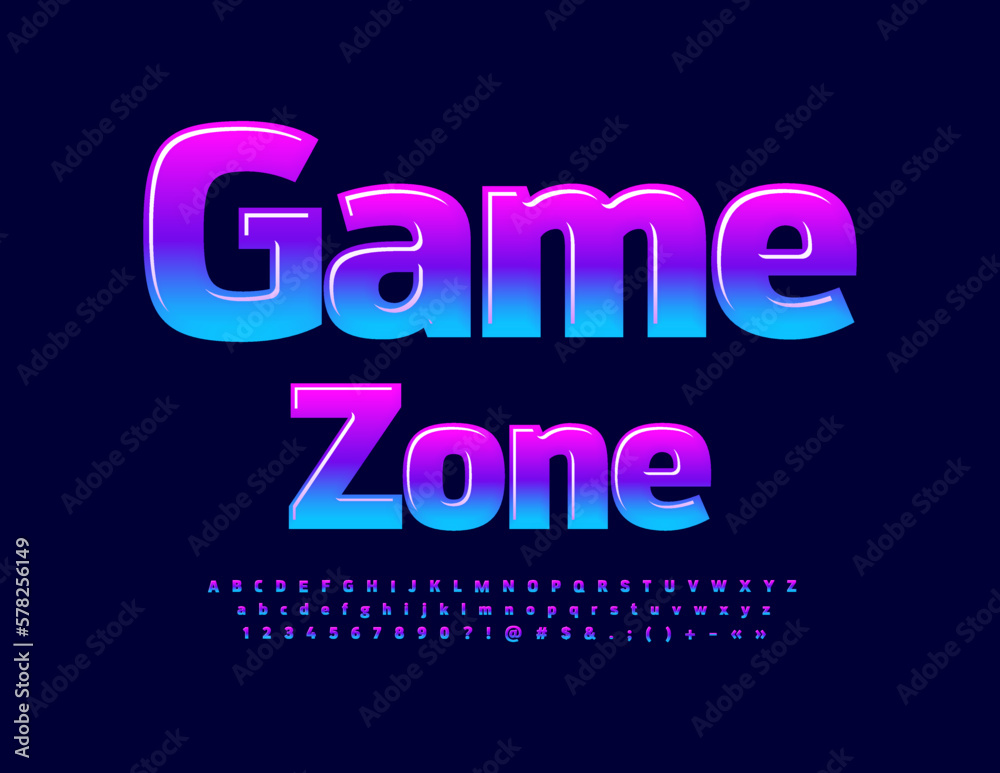 Vector bright Emblem Game Zone. Trendy Colorful Font. Creative Alphabet Letters and Numbers.