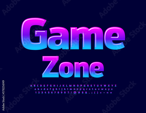 Vector bright Emblem Game Zone. Trendy Colorful Font. Creative Alphabet Letters and Numbers.