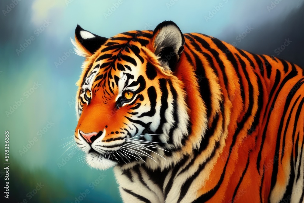 Fototapeta premium Digital painting of Beautiful tiger relaxing on warm day, Colorful magic tiger, cartoon style drawing, generative ai art illustration