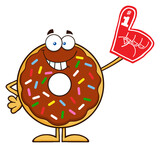 Smiling Chocolate Donut Cartoon Character With Sprinkles Wearing A Foam Finger. Hand Drawn Illustration Isolated On Transparent Background