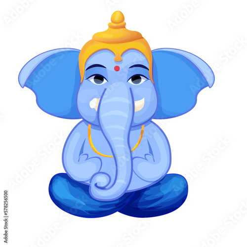 Little cute Ganesh, religious traditional god elephant blue color in cartoon character isolated on white background.