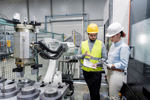 Young engineer explaining colleague with machine part in factory
