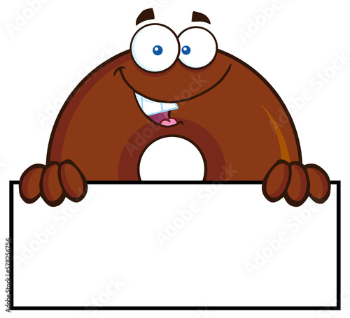 Chocolate Donut Cartoon Character With Over A Sign. Hand Drawn Illustration Isolated On Transparent Background