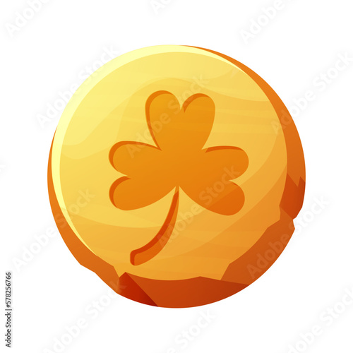 Golden coin with clover lucky symbol, irish penny Celtic celebration element in cartoon style isolated on white background