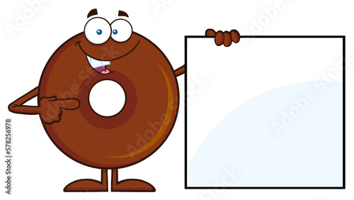 Chocolate Donut Cartoon Character Showing A Blank Sign. Hand Drawn Illustration Isolated On Transparent Background