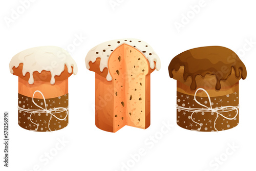 Set Panettone traditional, collection Easter cakes with glaze and decorations in cartoon style isolated on white background