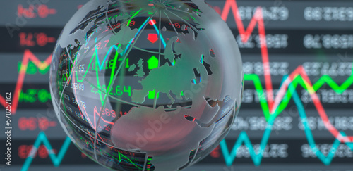 Stock market graphs and data with globe in foreground