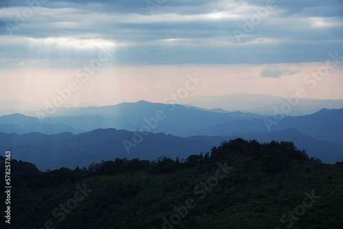  Landscape sunset on the hill view point of Phu Soi Dao National Park Uttaradit Province Thailand - Beautiful nature adventure for Trekker trekking and camping 