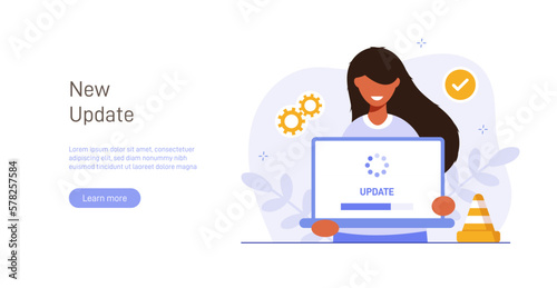 System or web application upgrade procedure. Concept of software version update or renewal process indication. Man and phone. Flat colorful vector illustration for banner, poster. 