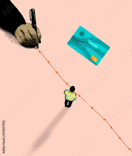 Illustration of line separating man from credit card photo