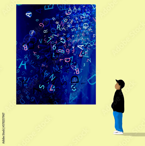 Boy looking at board of jumbled numbers and letters