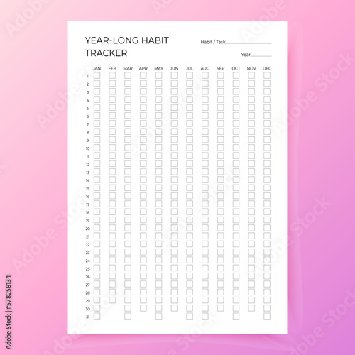 Habit tracker template. Year-long habit diary. Journal planner with bullets. Goal list on pink background. Vector illustration. Simple design. Vertical, portrait orientation. Paper size A4.