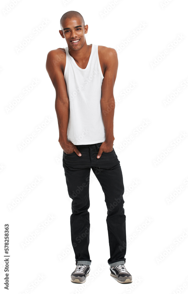 Black man, happiness and fashion portrait of a model with isolated, full body and white background. Hands in pockets, smile and happy person feeling cool and stylish alone in studio with mock up Black man, happiness and fashion portrait of a model with isolated, full body and white background. Hands in pockets, smile and happy person feeling cool and stylish alone in studio with mock up