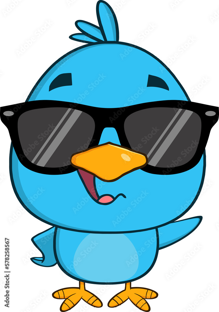 Naklejka premium Funny Blue Bird Cartoon Character Waving With Speech Bubble. Hand Drawn Illustration Isolated On Transparent Background