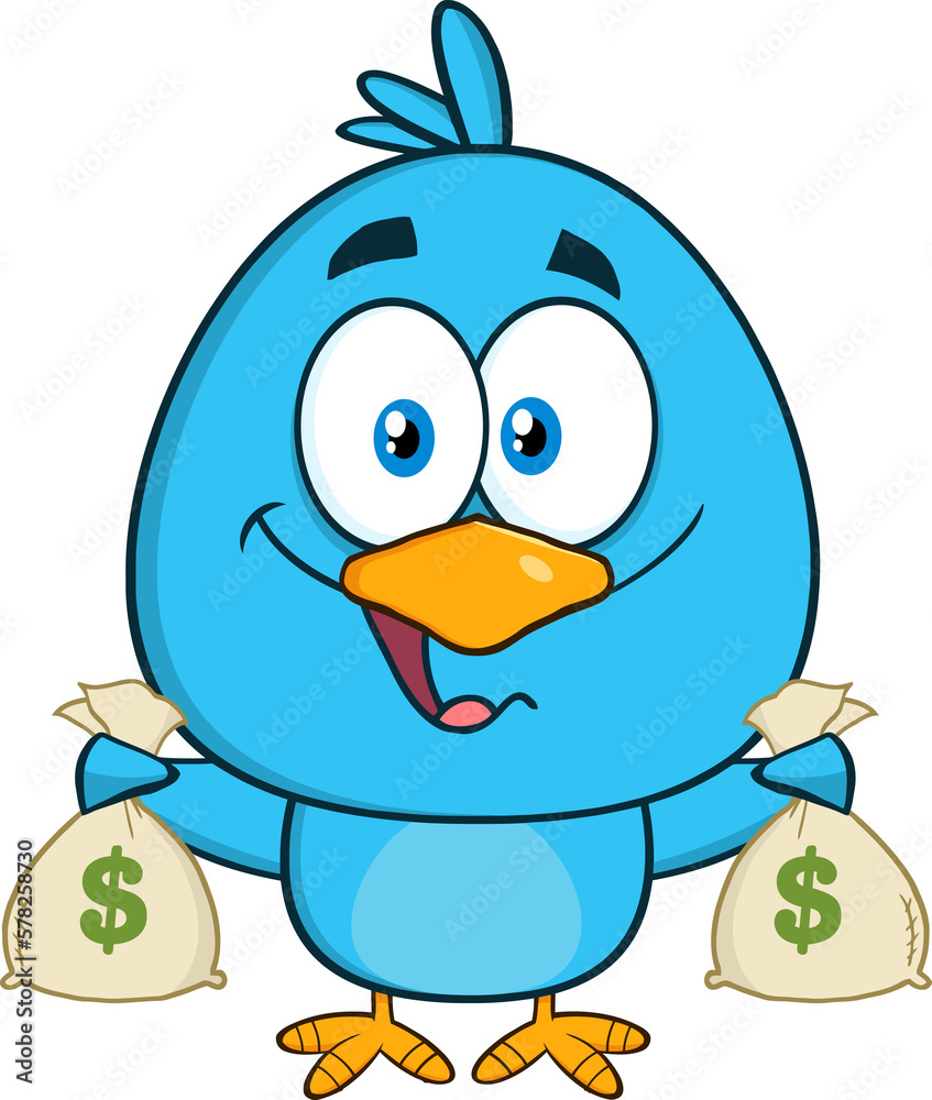 Happy Blue Bird Cartoon Character Holding A Bags Of Money. Hand Drawn Illustration Isolated On Transparent Background Happy Blue Bird Cartoon Character Holding A Bags Of Money. Hand Drawn Illustration Isolated On Transparent Background