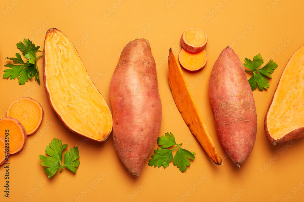 Concept of vegetables, sweet potato, top view Concept of vegetables, sweet potato, top view