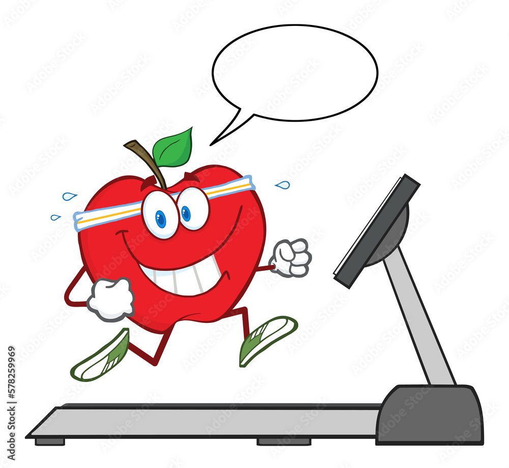 Healthy Red Apple Cartoon Character Running On A Treadmill With Speech Bubble. Hand Drawn Illustration Isolated On Transparent Background