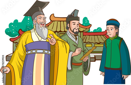Japanese, Chinese, Mongolian Khan. Eastern warrior sitting in lotus position on the ground. Oriental man in helmet and with bow and sword. Cartoon cute character. Isolated