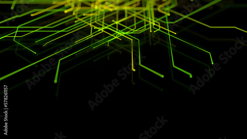 Green and Yellow Neon Lines form a Futuristic Technical Grid. Computing Concept with copy-space.