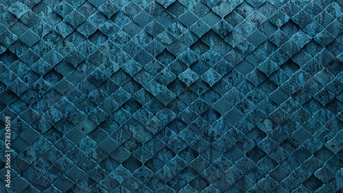 Glazed, 3D Wall background with tiles. Arabesque, tile Wallpaper with Blue Patina, Polished blocks. 3D Render