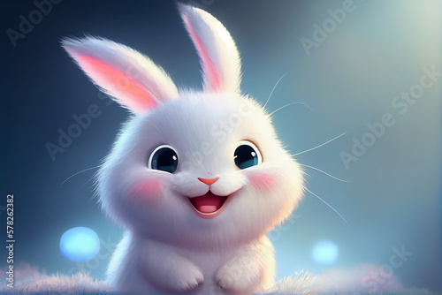 Cute white rabbit. Smiling fluffy bunny portrait. Generative AI