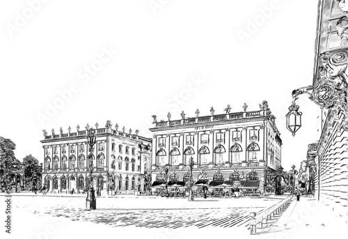 Stanislas Square in Nancy, France, pencil style sketch illustration. photo