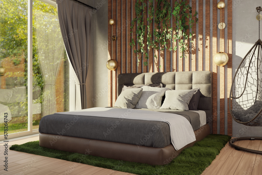 Fototapeta premium Cozy modern bedroom, inspiration from nature, eco style, natural products. Green plants, grass carpet, hanging chair, wooden panel, soft headboard. 3D rendering