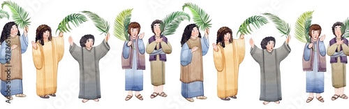 Fotografie, Tablou Palm Sunday seamless banner, hand drawn children with palm branches in their hands, rejoicing, glorifying God